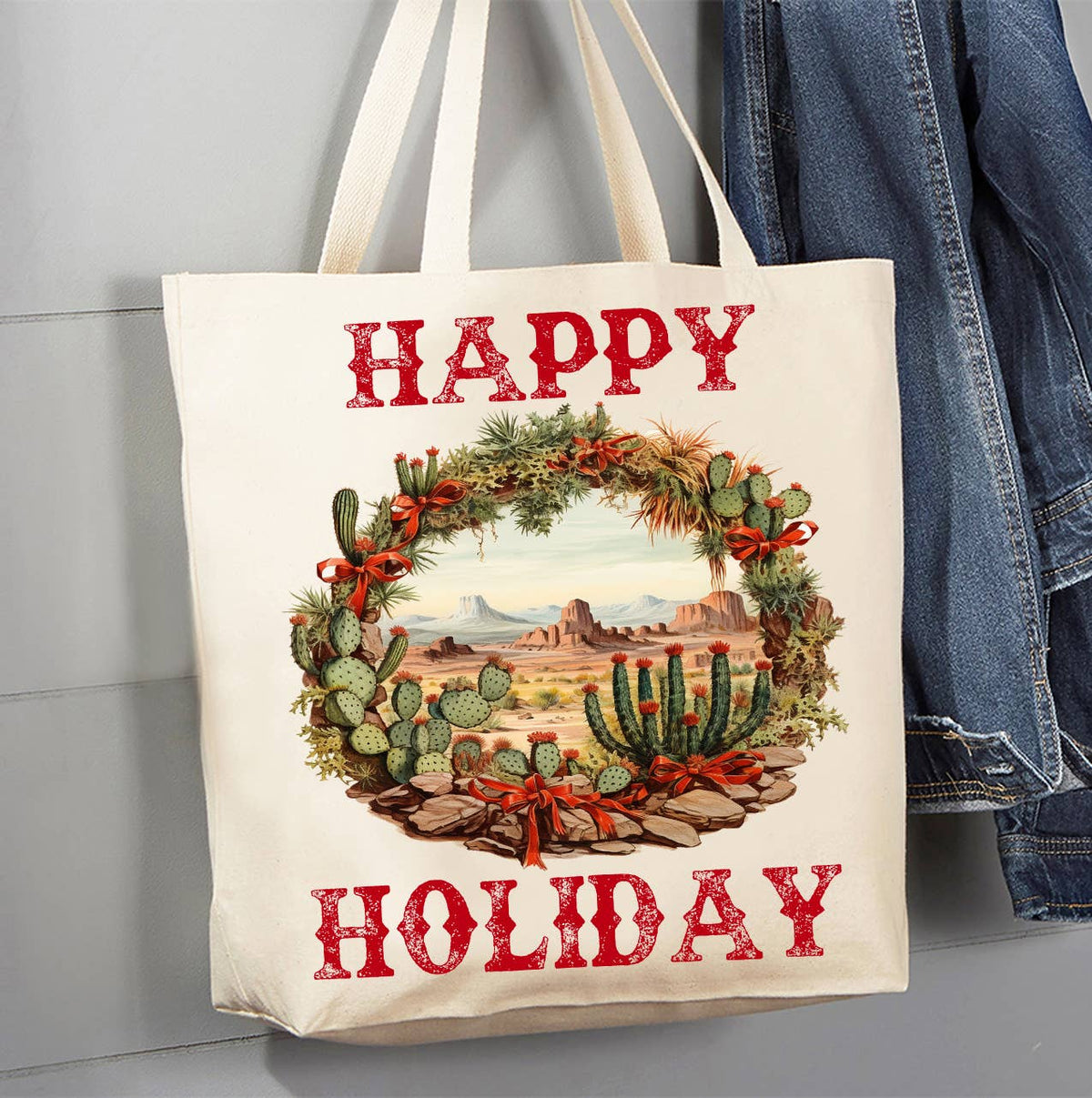 Christmas Cactus Happy Holiday Canvas Tote Bag