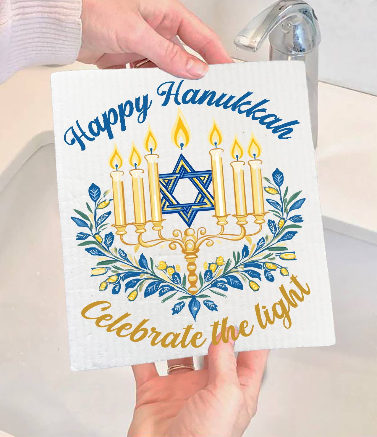Happy Hanukkah Menorah Star Swedish Dishcloth (Set of 2)