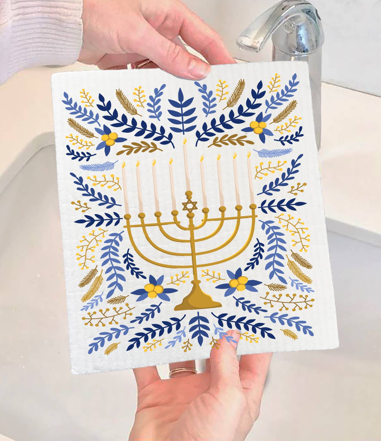 Hanukkah Menorah Flowers Swedish Dishcloth (Set of 2)