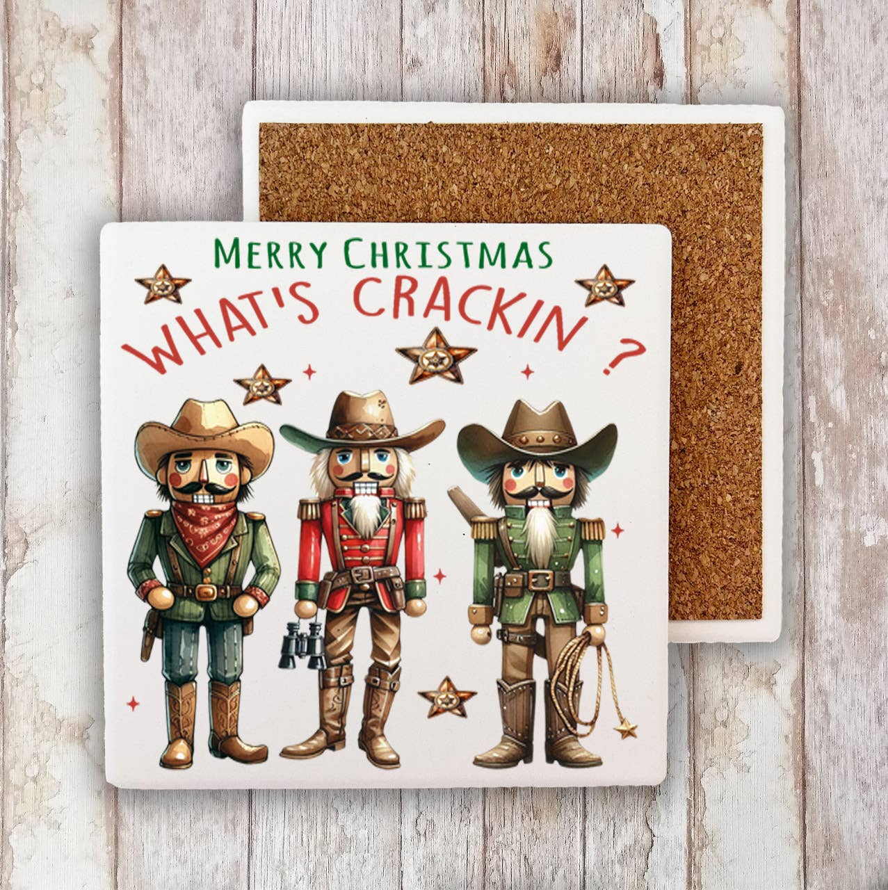 Christmas Western Cowboy Nutcrackers Stone Coaster (Set of 2)
