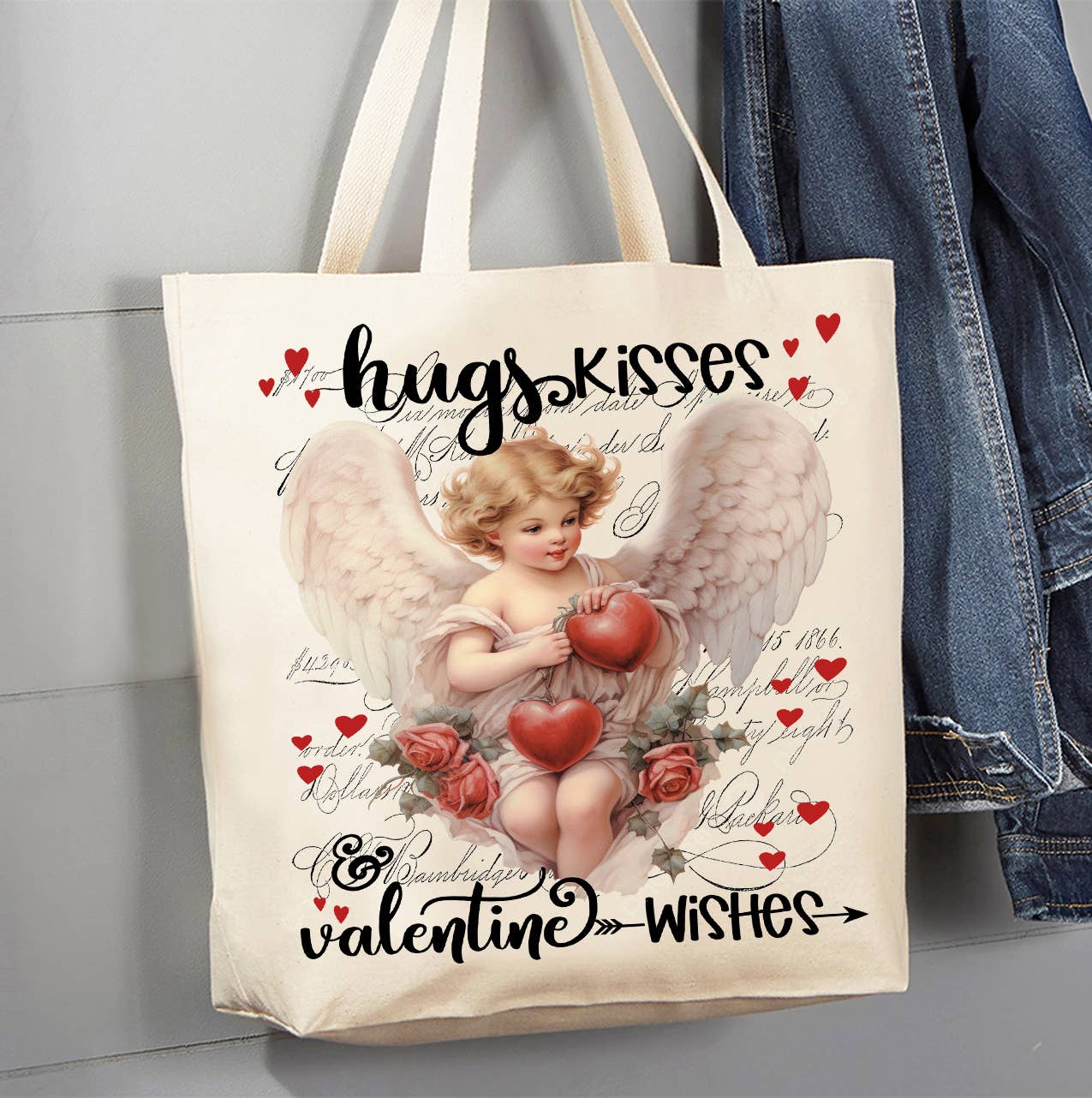 Vintage Angel Cupid Jugs Kisses Valentine Canvas Tote Bag