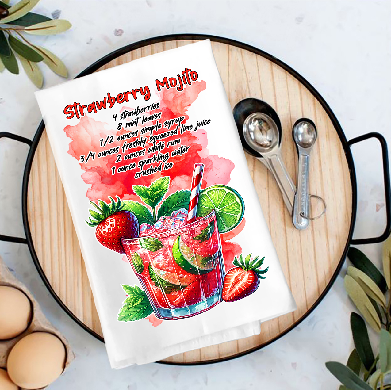 Summer Cocktail Strawberry Mojito Tea Towel