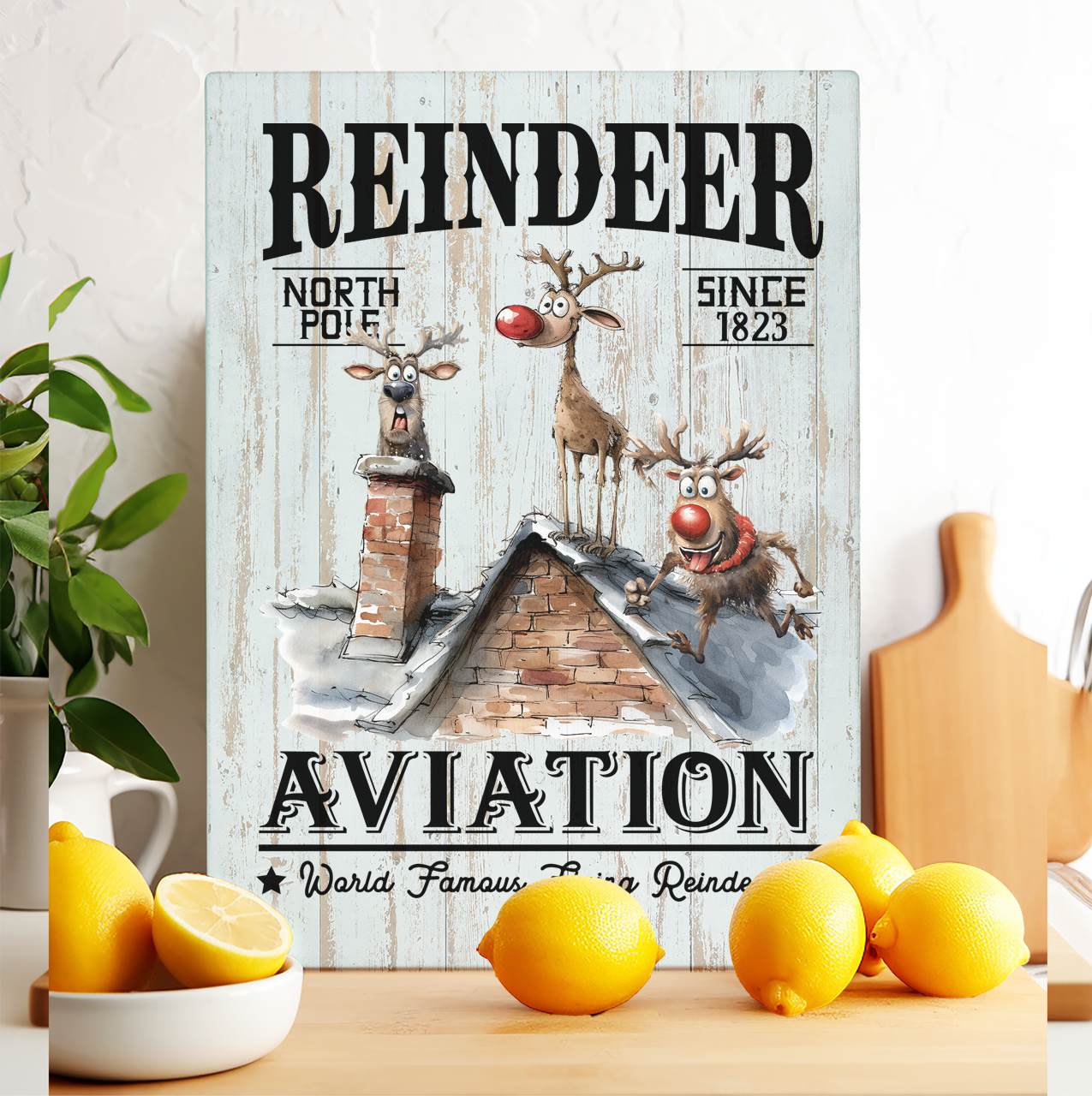 Glass Cutting Board Christmas Reindeer Aviation Flying