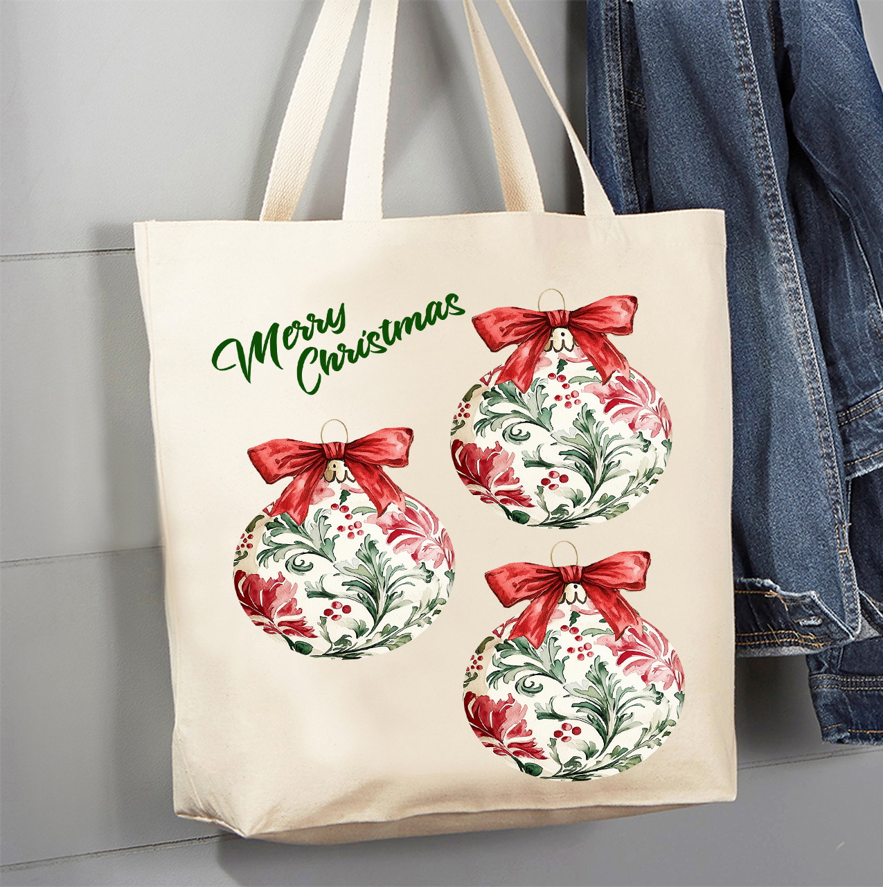 Christmas Water Toile Ornaments Canvas Tote Bag
