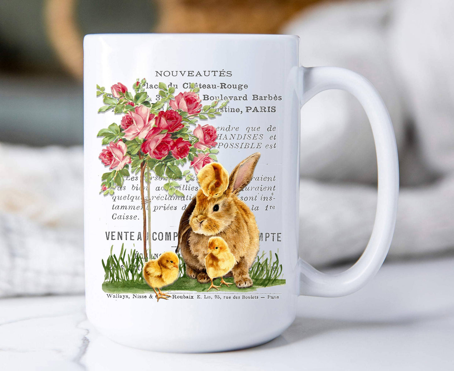 Vintage French Bunny Chicks Roses 15 oz Coffee Mug