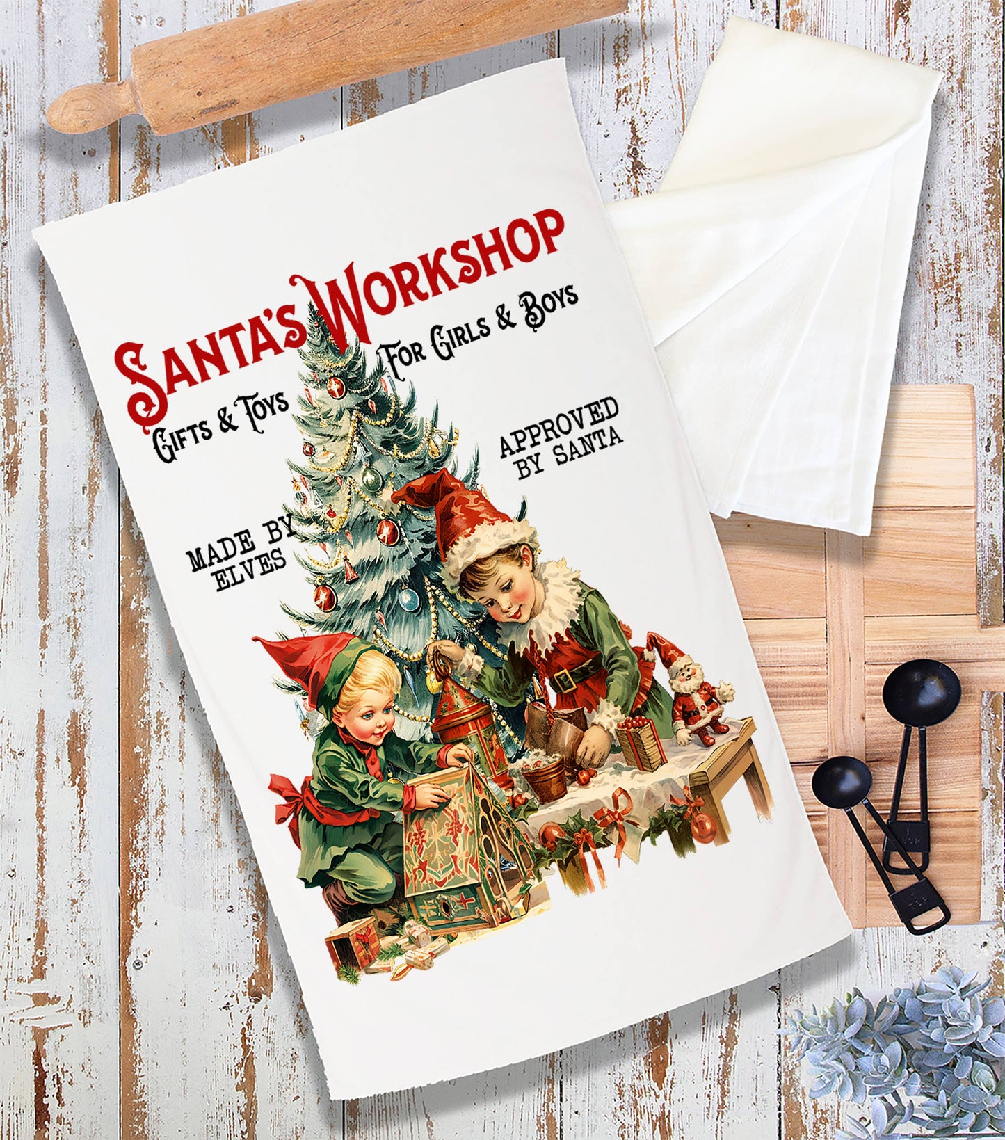Christmas Vintage Elfs Workshop Terry Towel