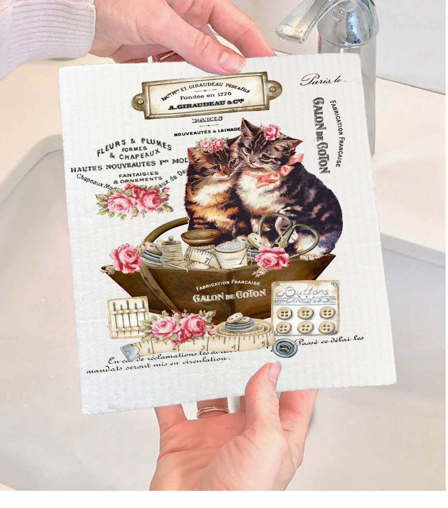 Country Vintage Fench Kittens Cats Swedish Dishcloth-Set of 2