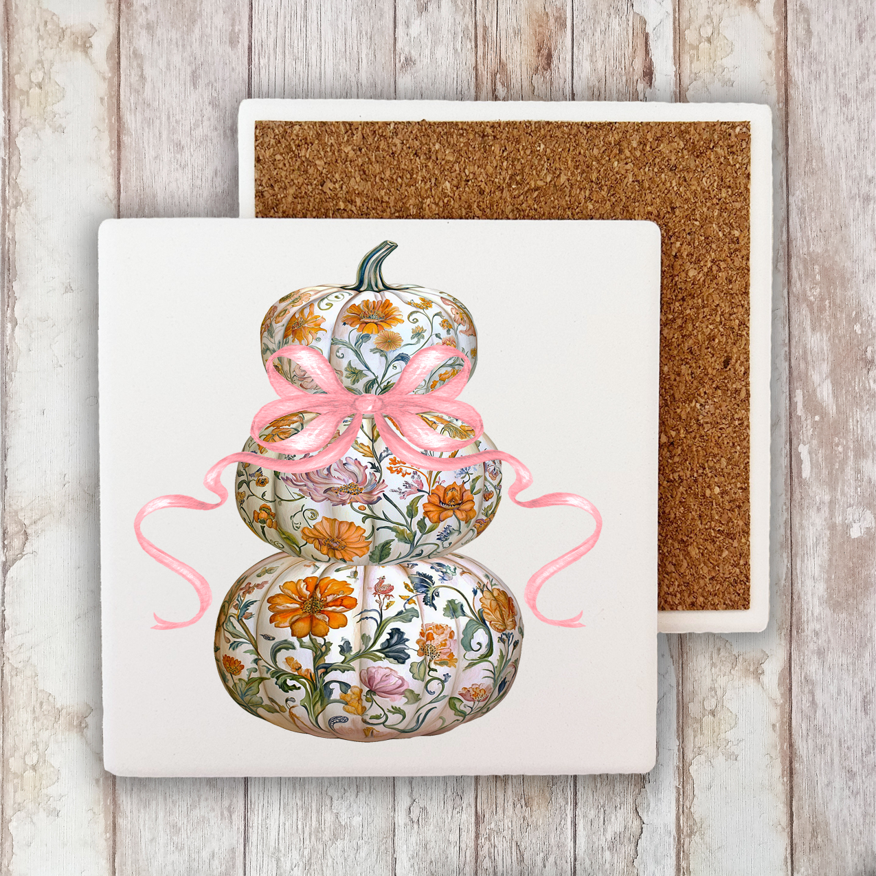 Fall Chinoiserie Floral Pumpkins Stone Coaster (Set of 2)