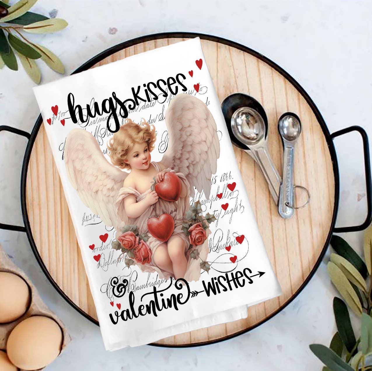 Vintage Angel Cupid Jugs Kisses Valentine Tea Towel