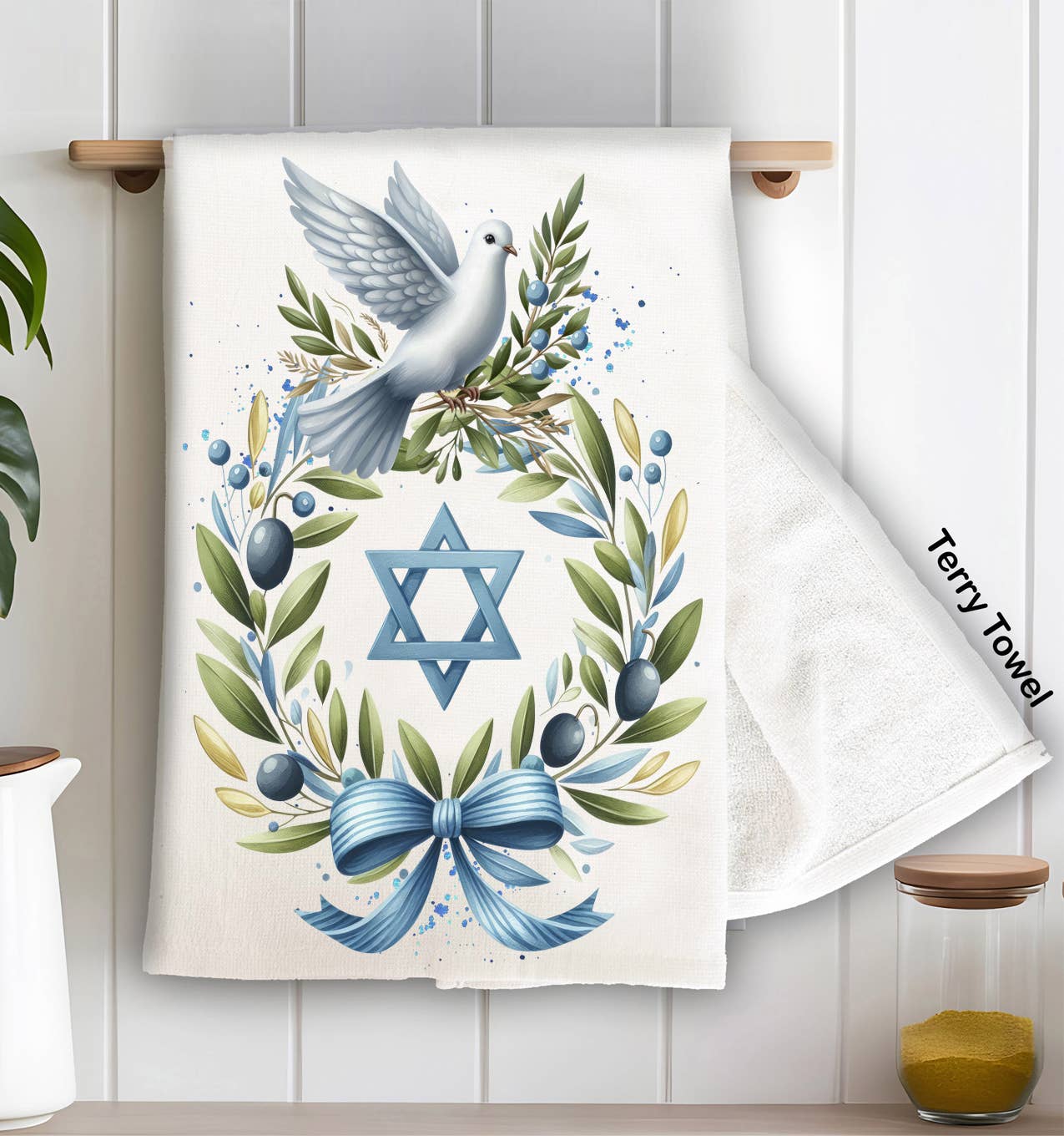Hanukkah Olive Branch Dove Kitchen Terry Towel