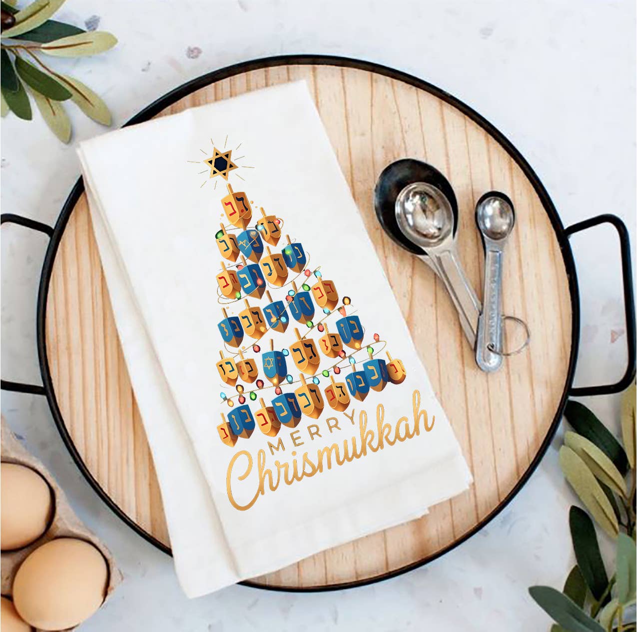 Merry Chrismukkah Dreidel Tree Tea Towel