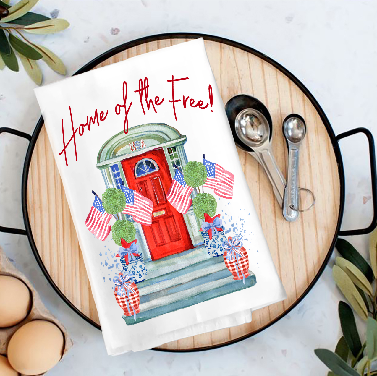 Patriotic Red Door Home of the Free Tea Towel