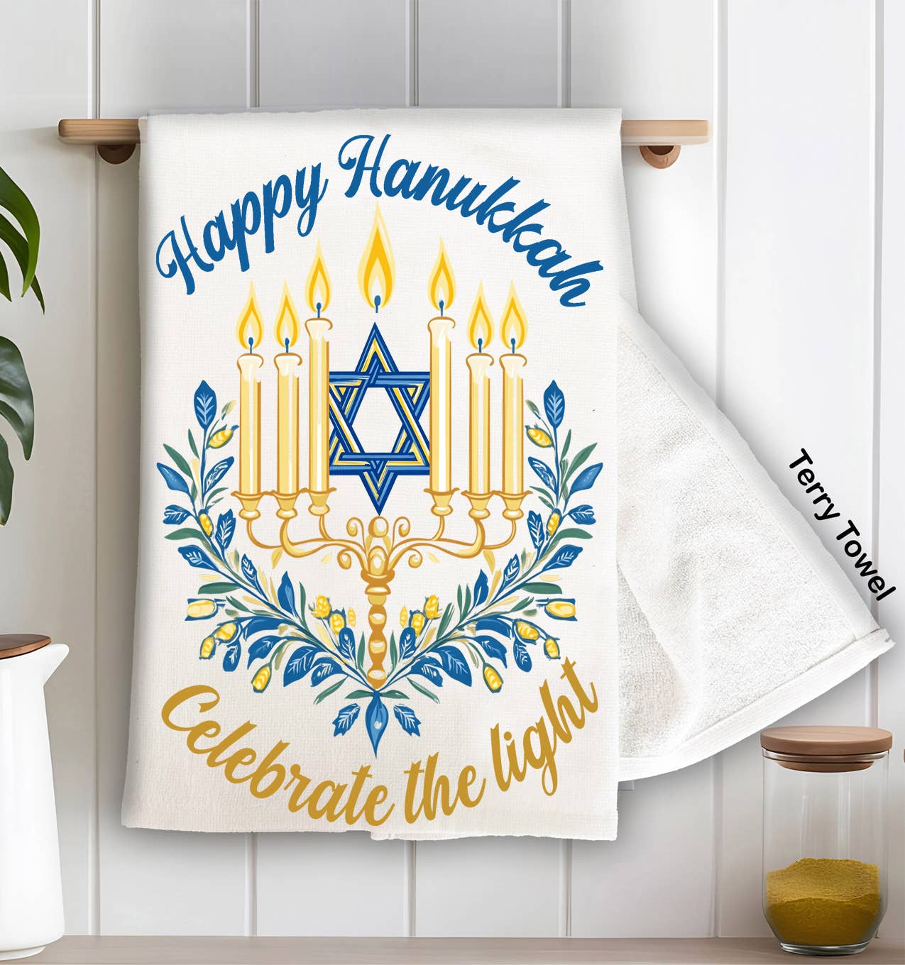 Happy Hanukkah Menorah Star Kitchen Terry Towel