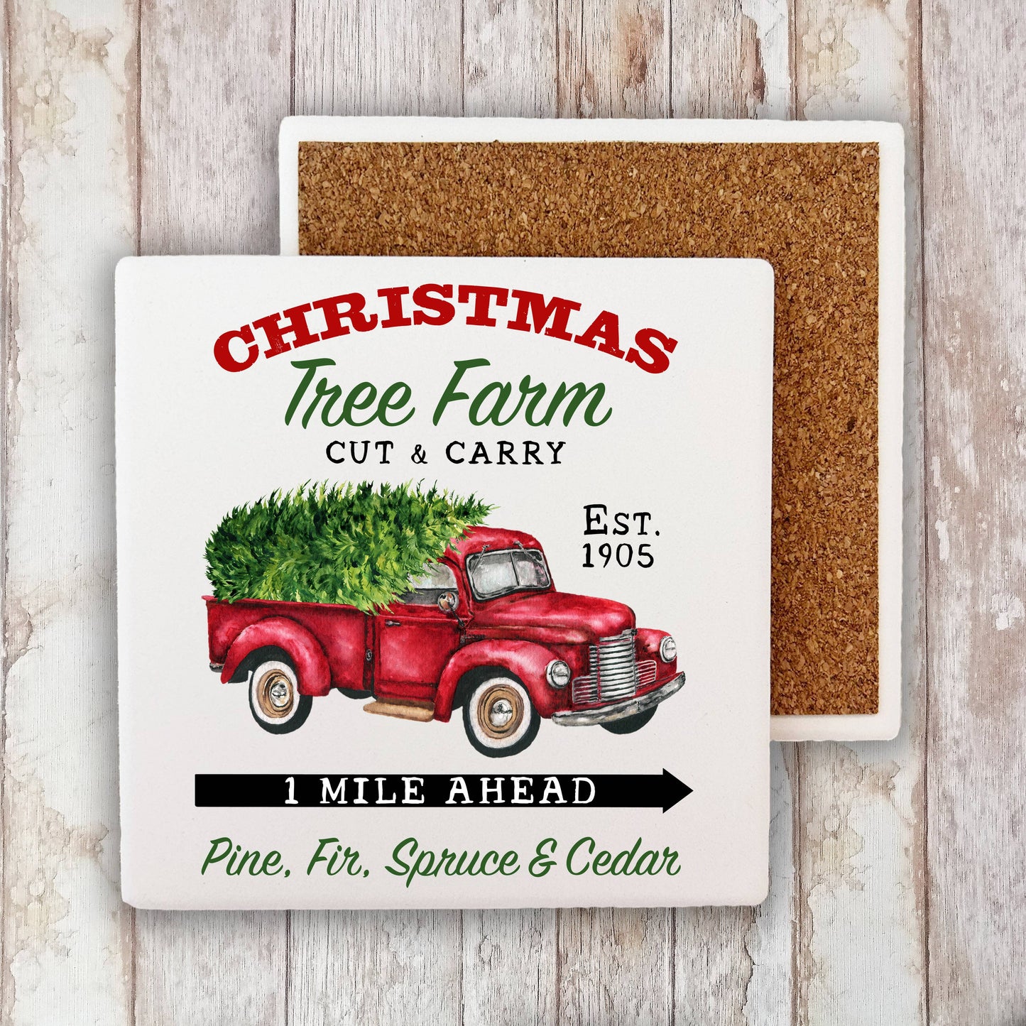 Christmas Trees Farm Red Pick Up Truck Stone Coaster