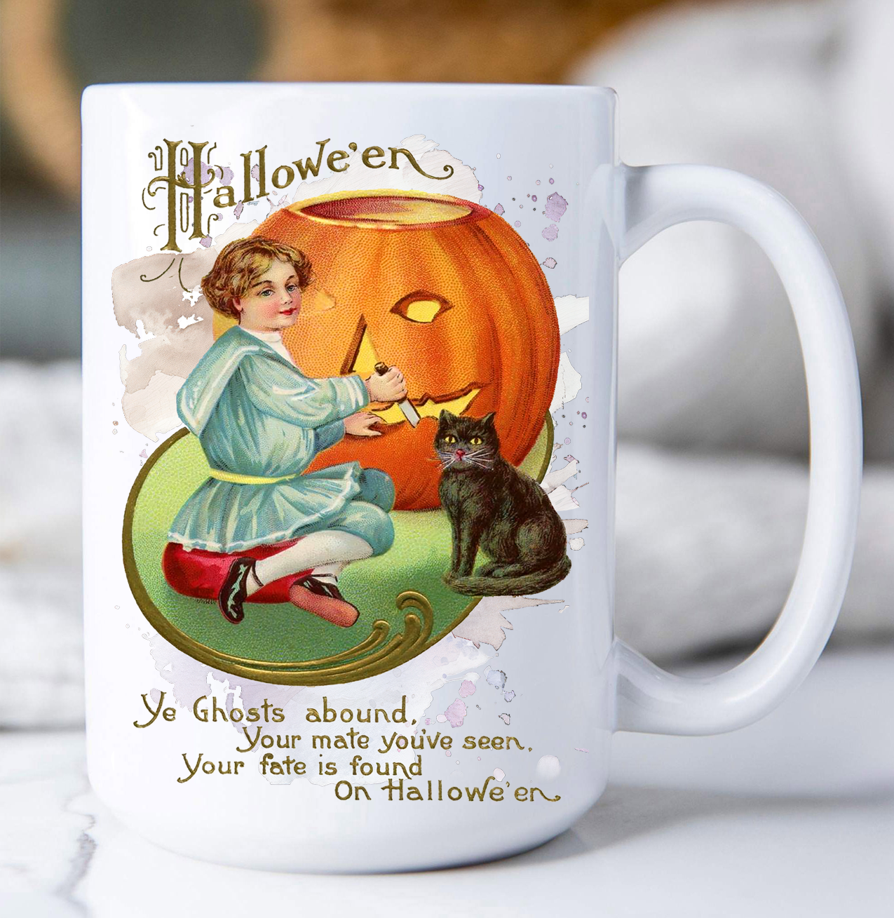 Halloween Vintage Pumpkin Black Cat Coffee Mug