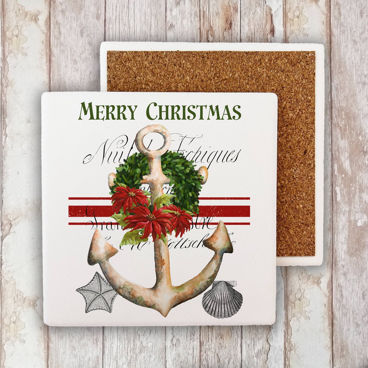 Merry Christmas Anchor Nautical Ocean Stone Coaster