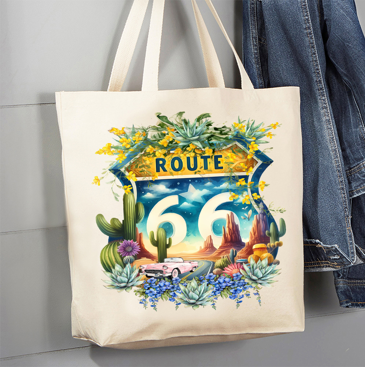 Route 66 Sign Succulents Canvas Tote Bag
