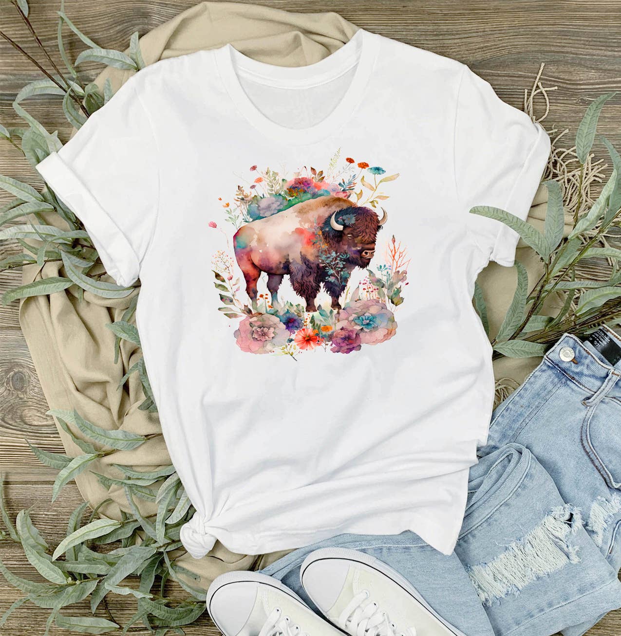 Western Buffalo Colorful Flowers T-Shirt