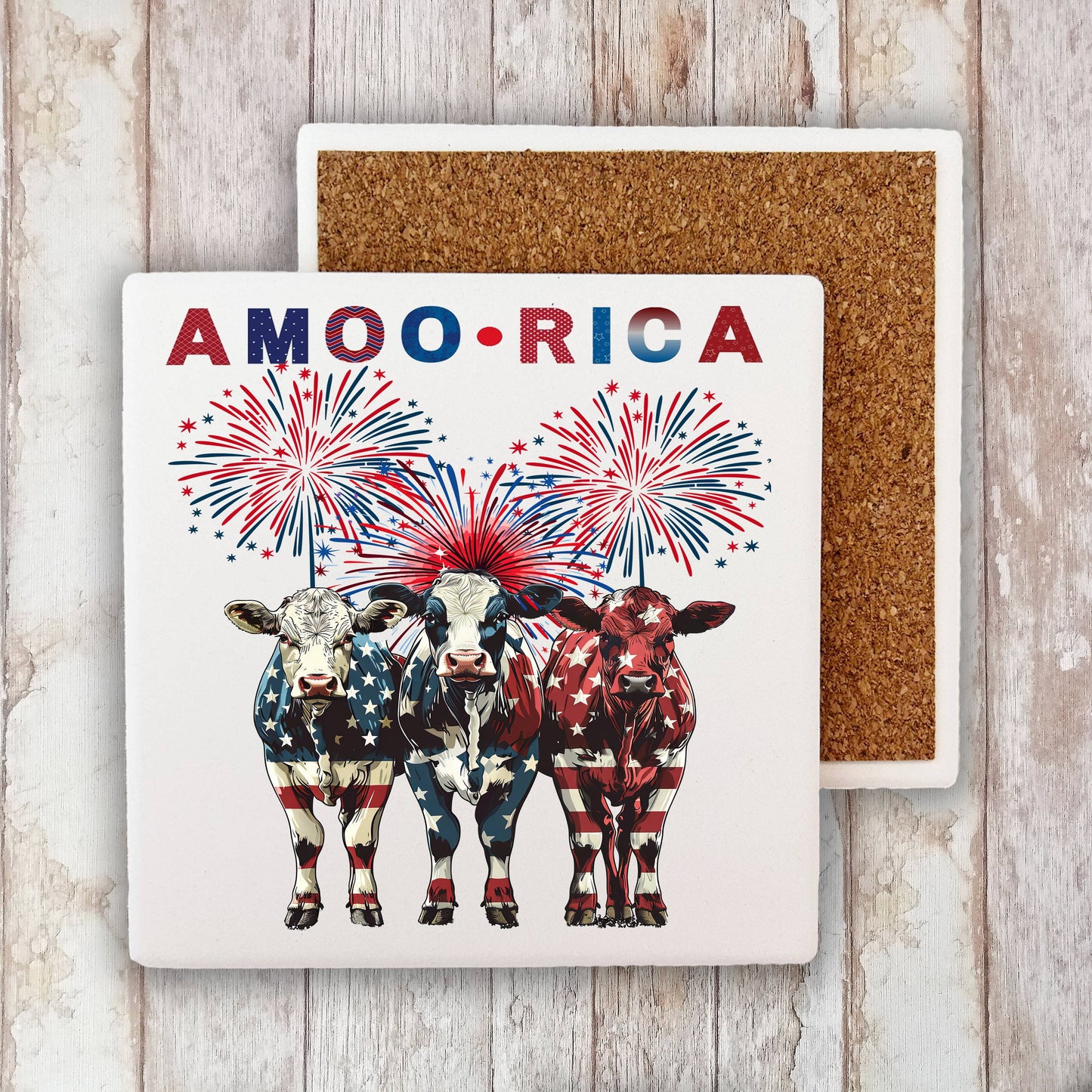 Patriotic Cow Amoo-rica Stone Coaster (Set of 2)