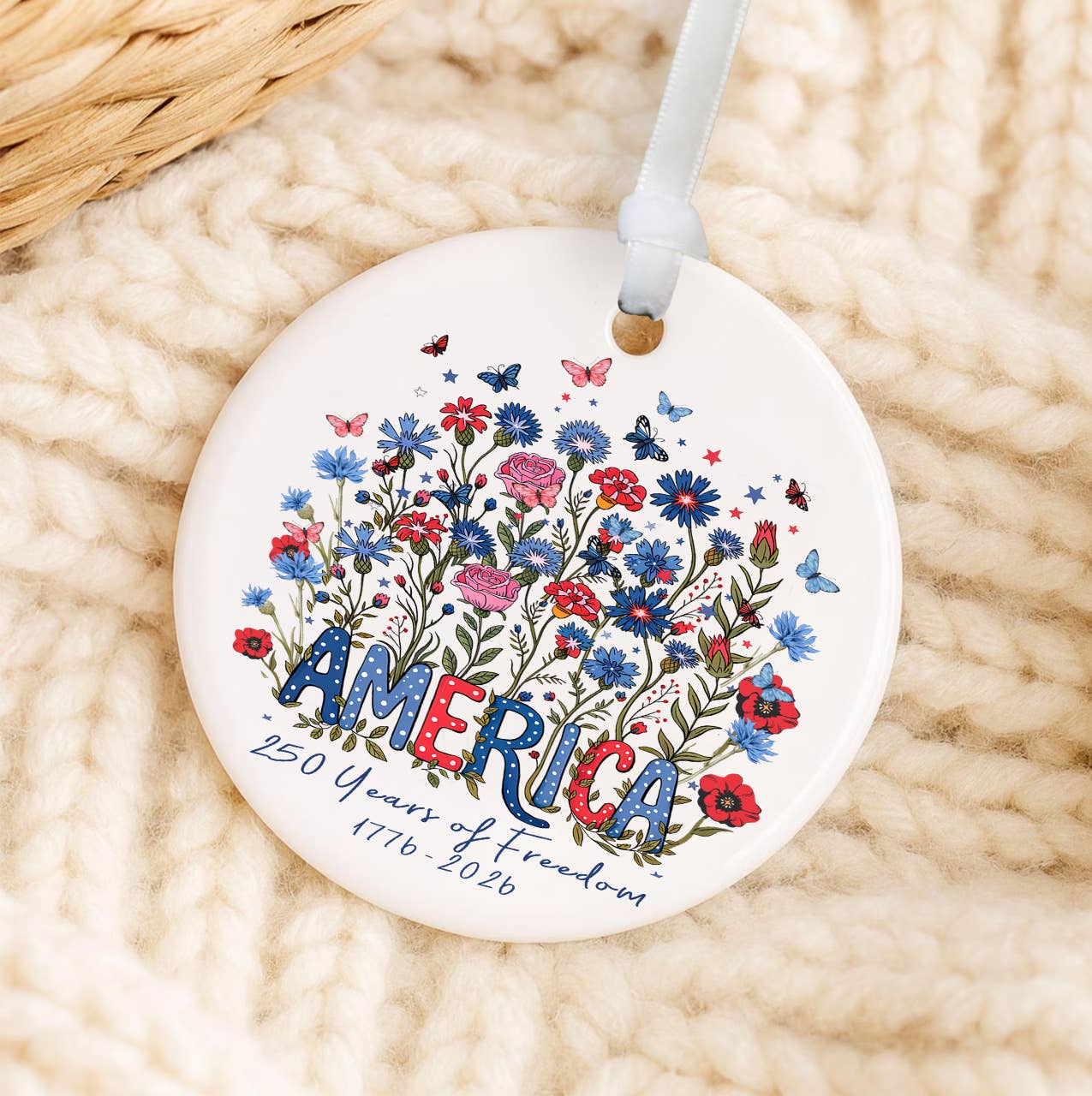 Patriotic Flowers 250 Anniversary America Ornament
