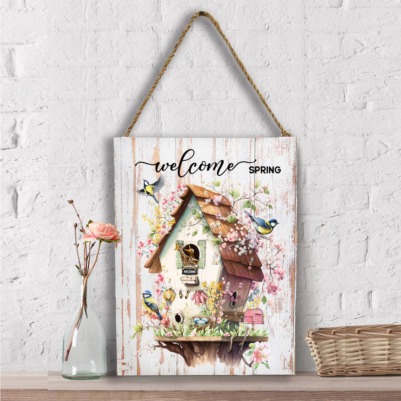 Welcome Spring Bird House Flowers Wall Decor