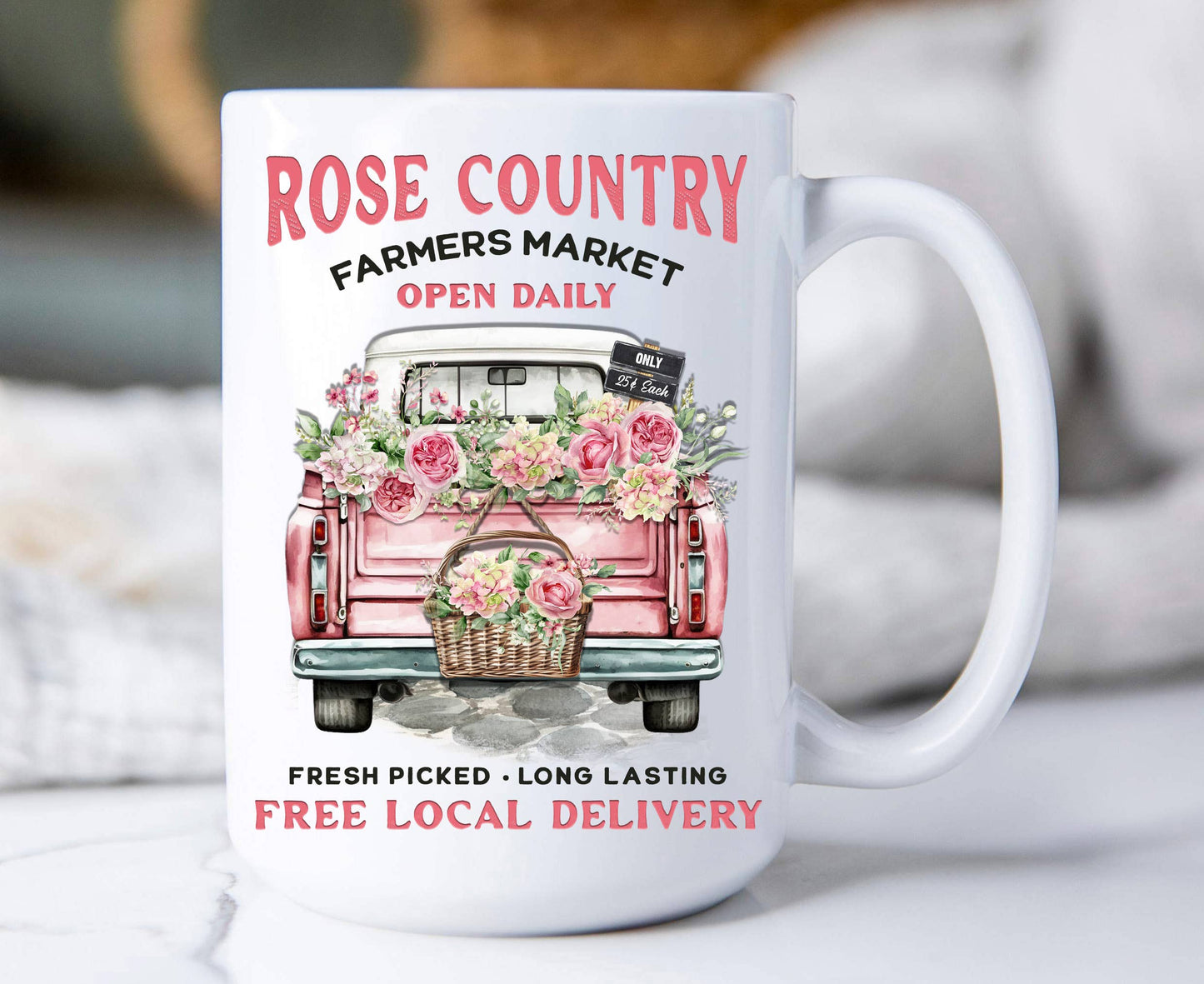 Country Rose Pink Pick Up Truck 15 oz Coffee Mug