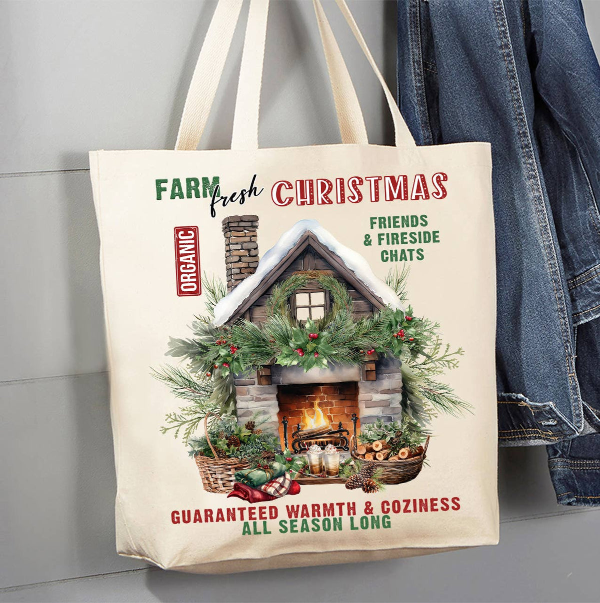 Farm Fresh Christmas Fireplace Canvas Tote Bag