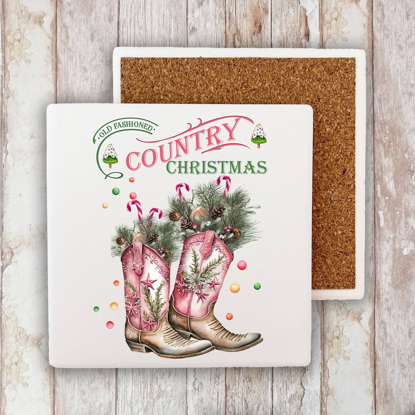 Country Christmas Cowboy Boots Western Stone Coaster