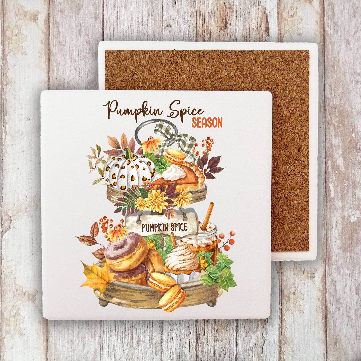 Fall Autumn Pumpkin Spice 2 Tier Tray Stone Coaster