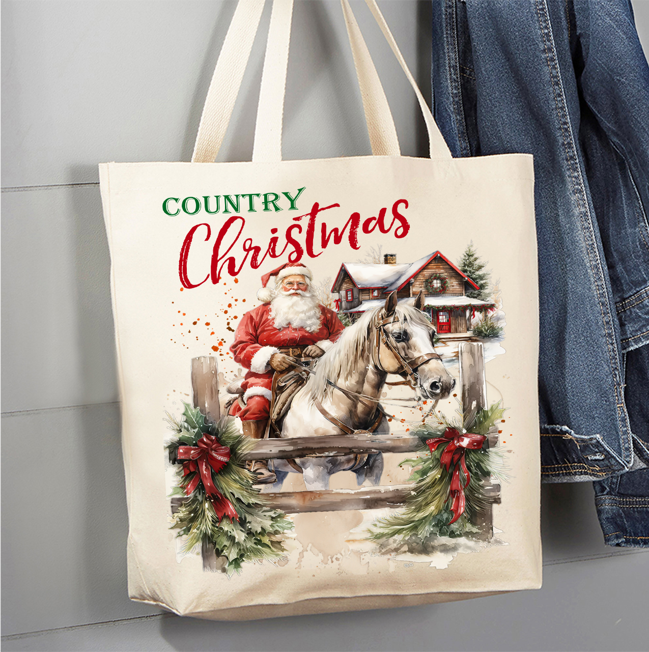 Country Christmas Santa Riding Horse Canvas Tote Bag