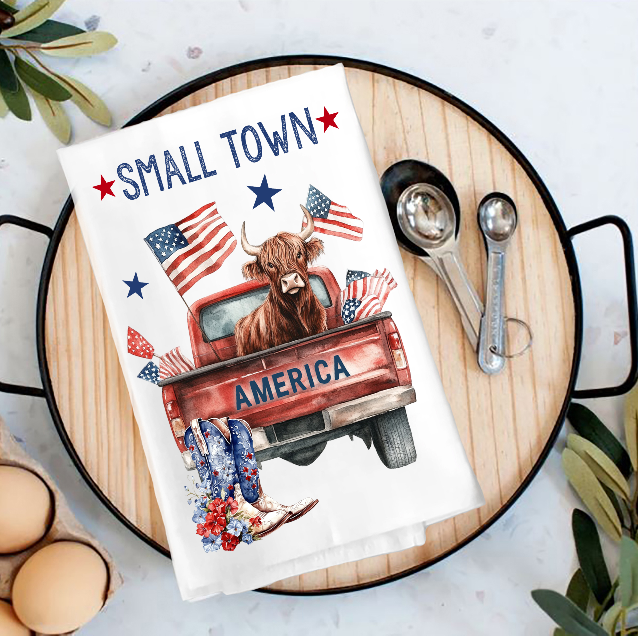 Small Town American Patriotic Cow Tea Towel