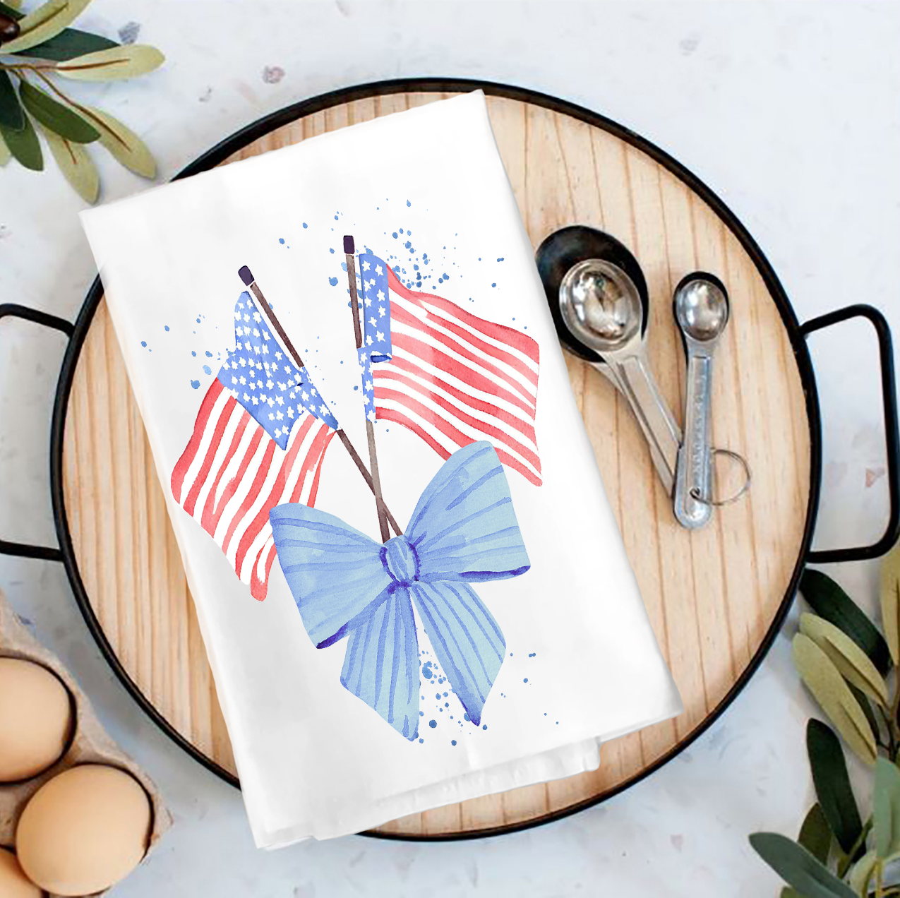 Patriotic Watercolor Flag Bow Tea Towel