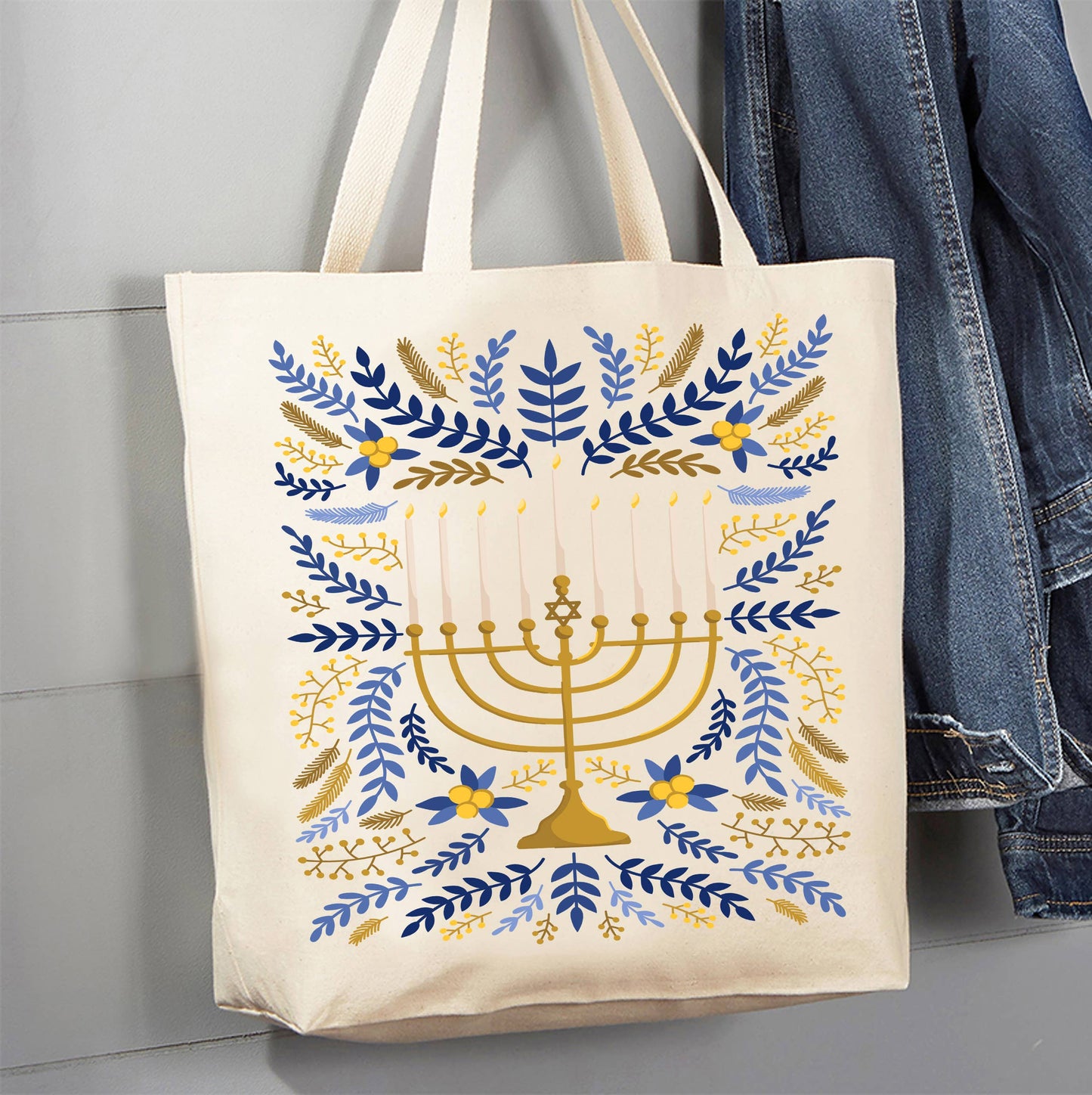 Hanukkah Menorah Flowers Canvas Tote Bag