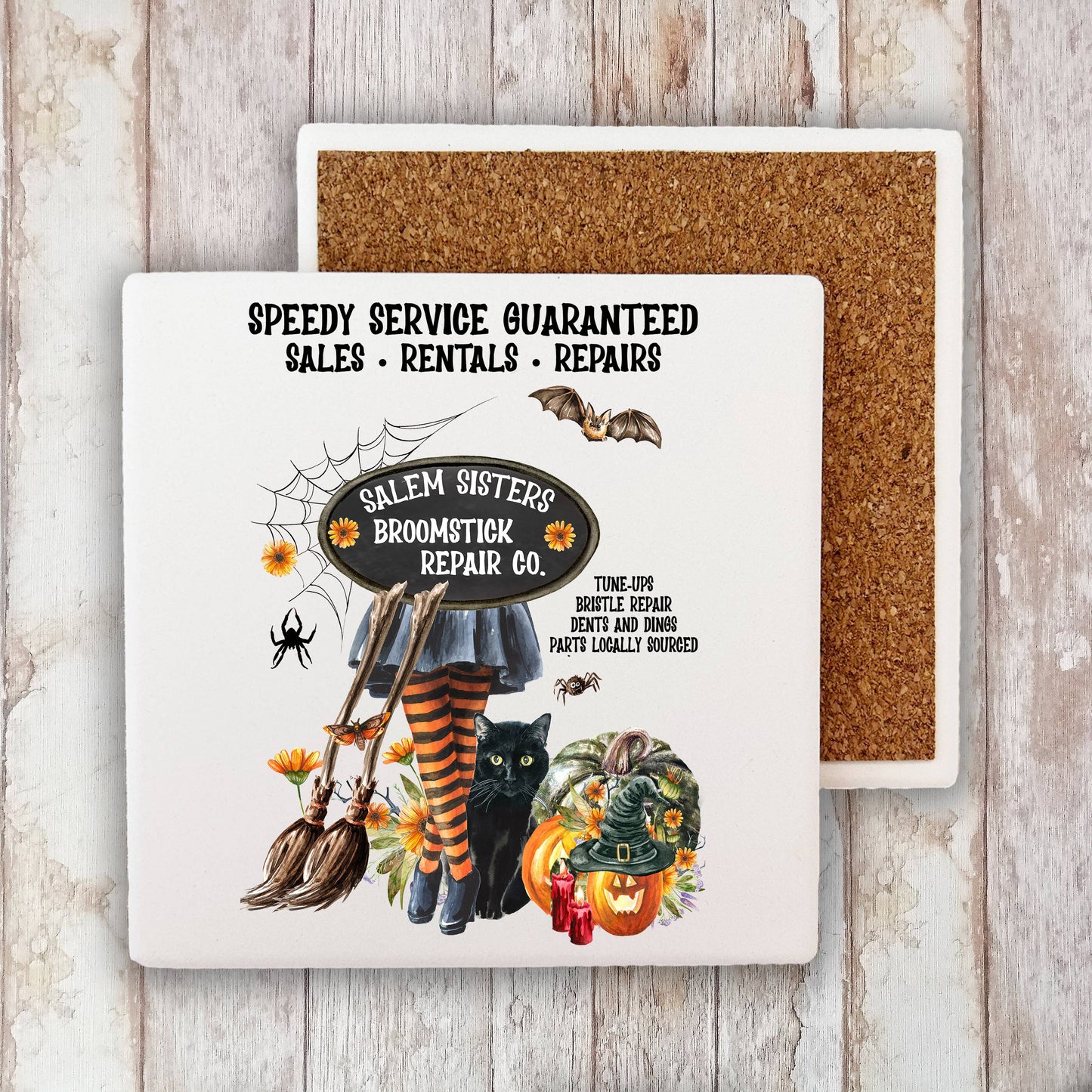 Halloween Salem Sisters Broomsticks Stone Coaster