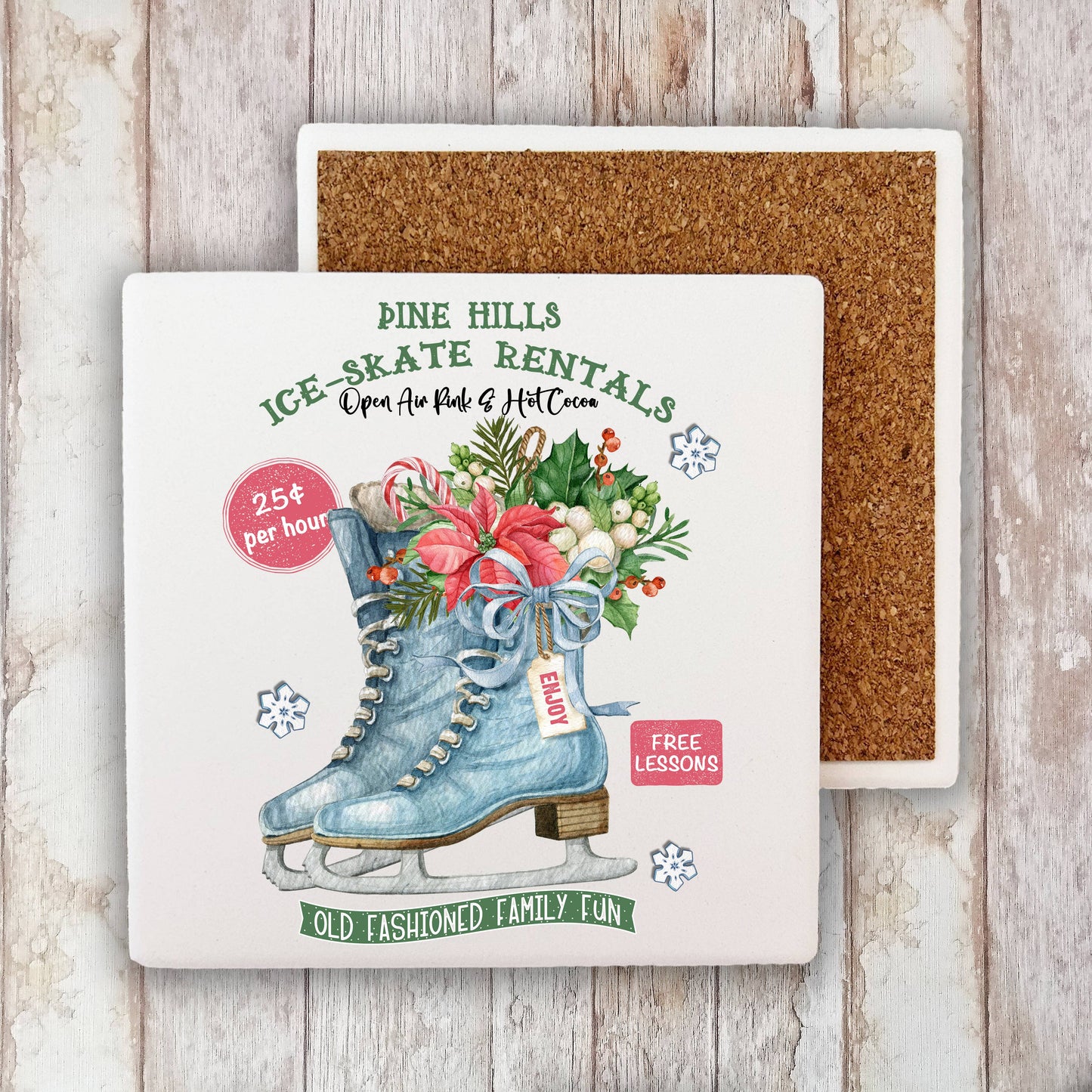 Christmas Ice Skates Rental Family Fun Stone Coaster