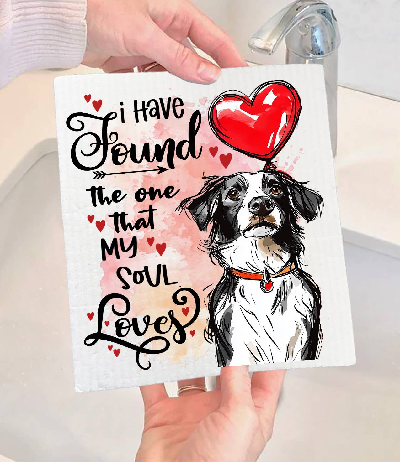 Dog Border Collie Found My Love Valentine Swedish Dishcloth (Set of 2)