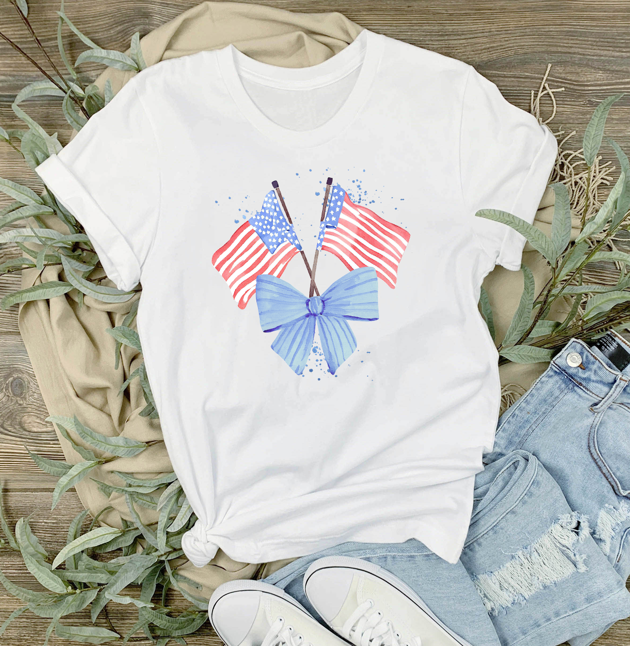 Patriotic Watercolor Flag Bow T-Shirt