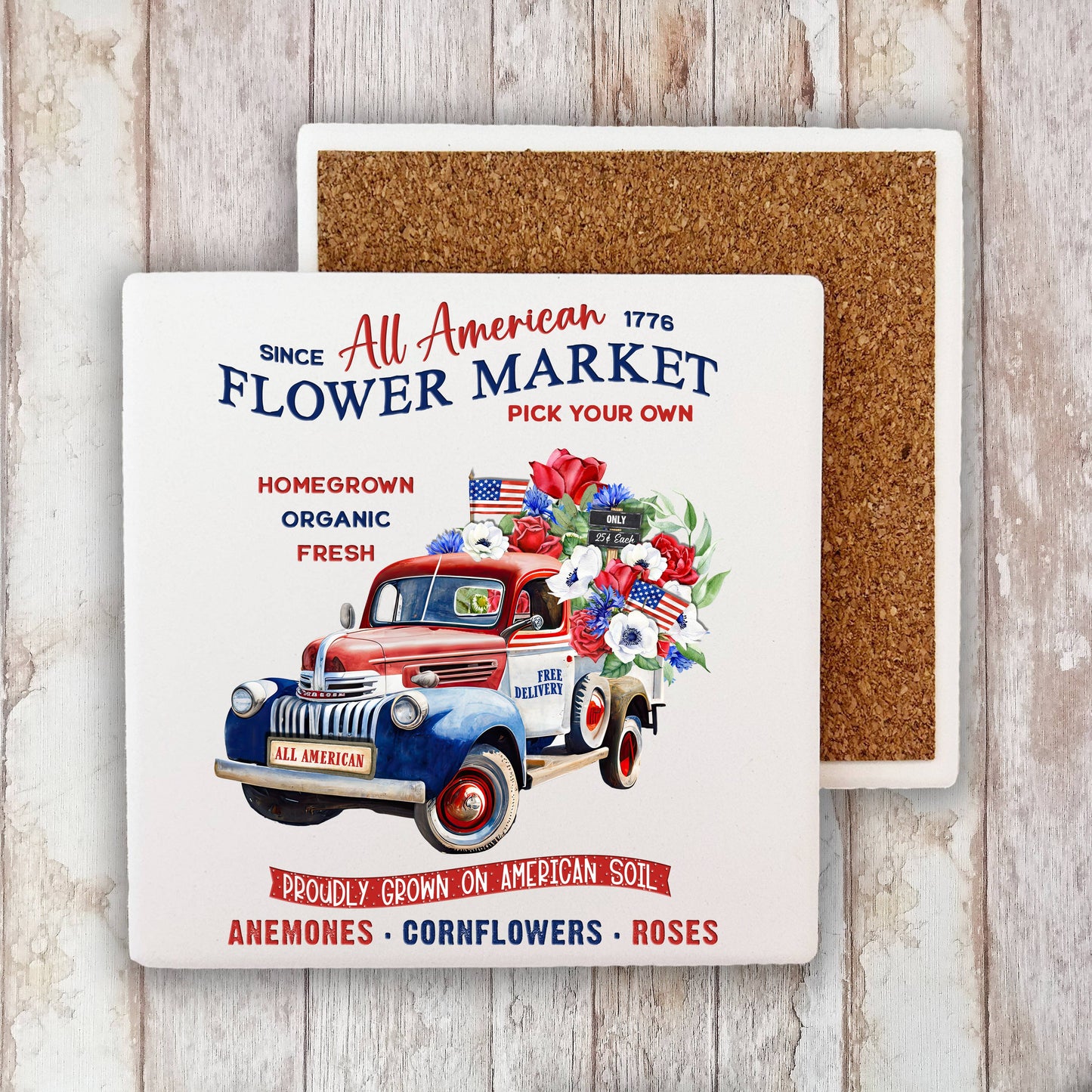 All American Patriotic Flower Truck Stone Coaster
