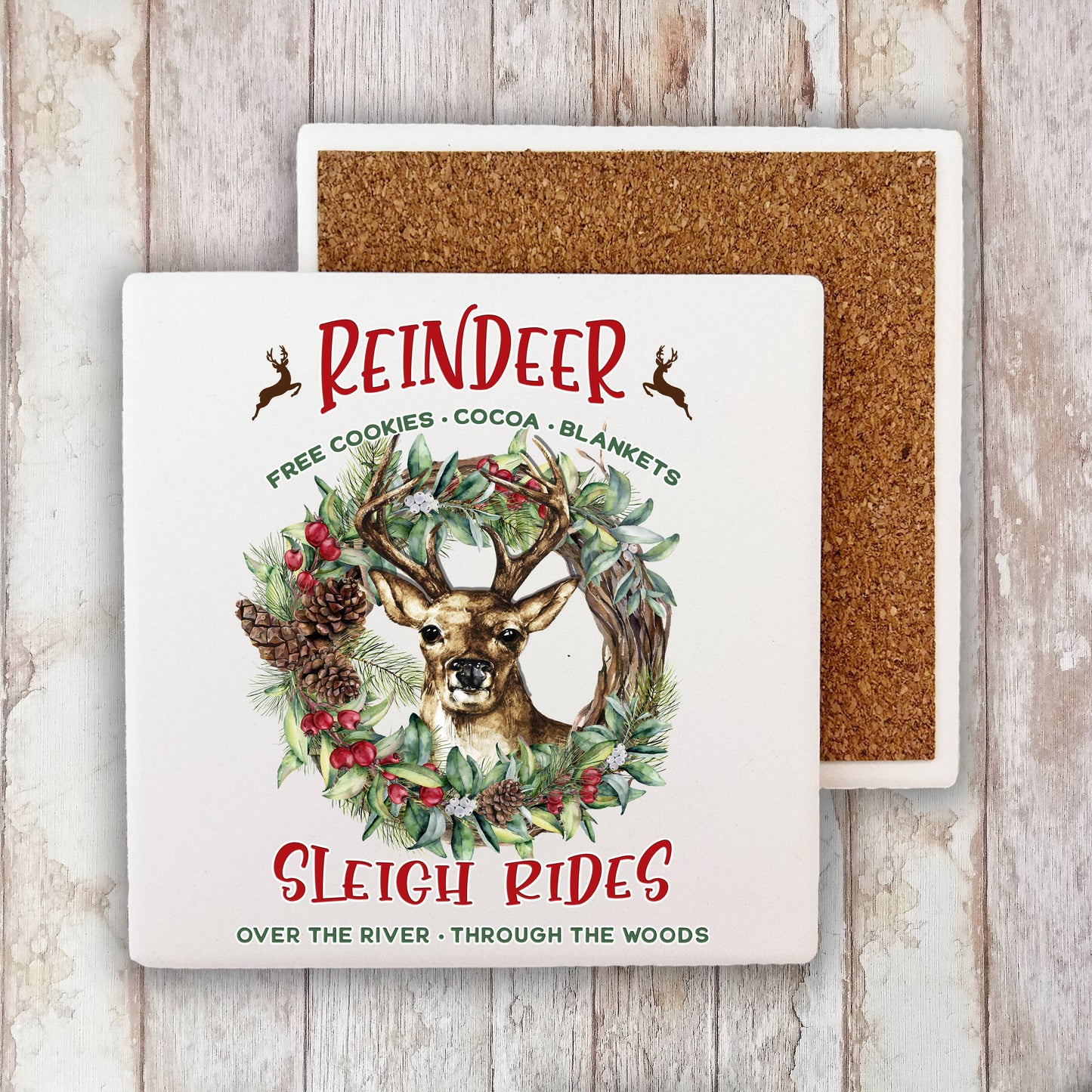 Christmas Reindeer Sleigh Rides Stone Coaster