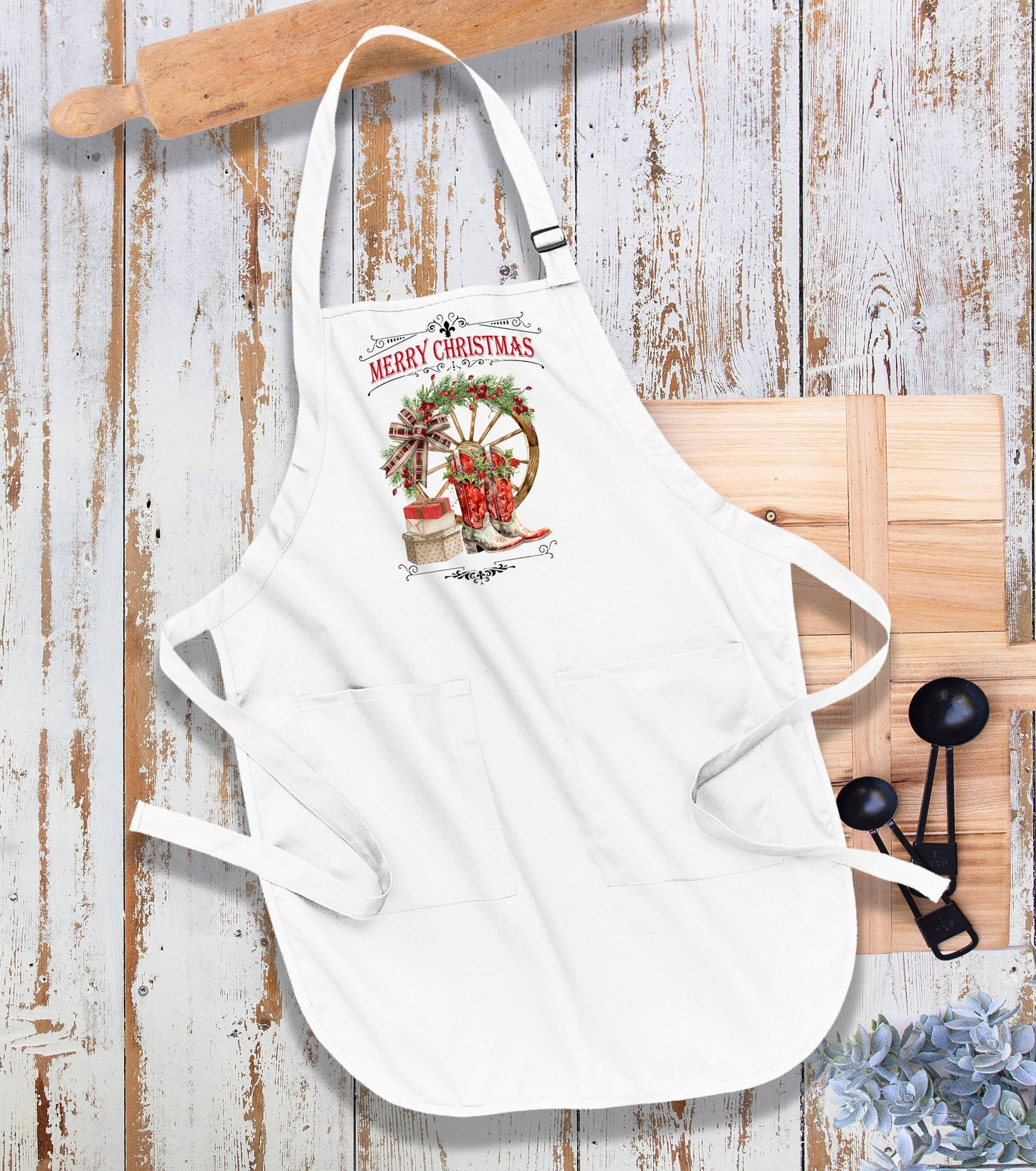 Merry Christmas Red Cowboy Boots Western Kitchen Apron