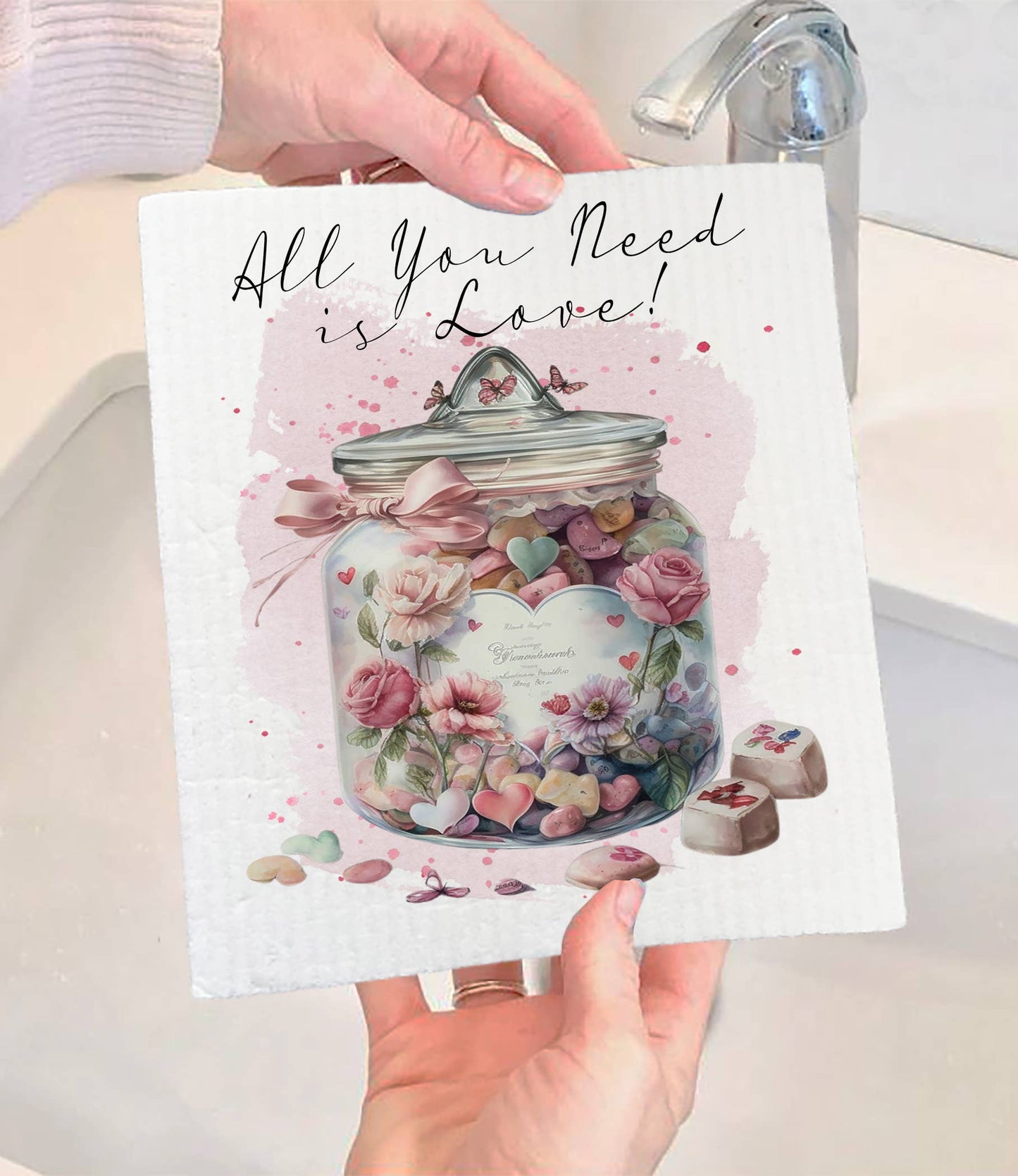 Set of 2 - Valentine Candy Jar Need Love SWEDISH DISH CLOTH