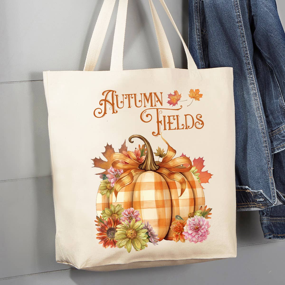 Autumn Harvest Checkered Pumpkins 12 oz Canvas Tote Bag