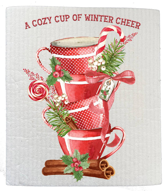 Set of 2 -  Christmas Tea Cups Winter Cheer SWEDISH DISH CLOTH