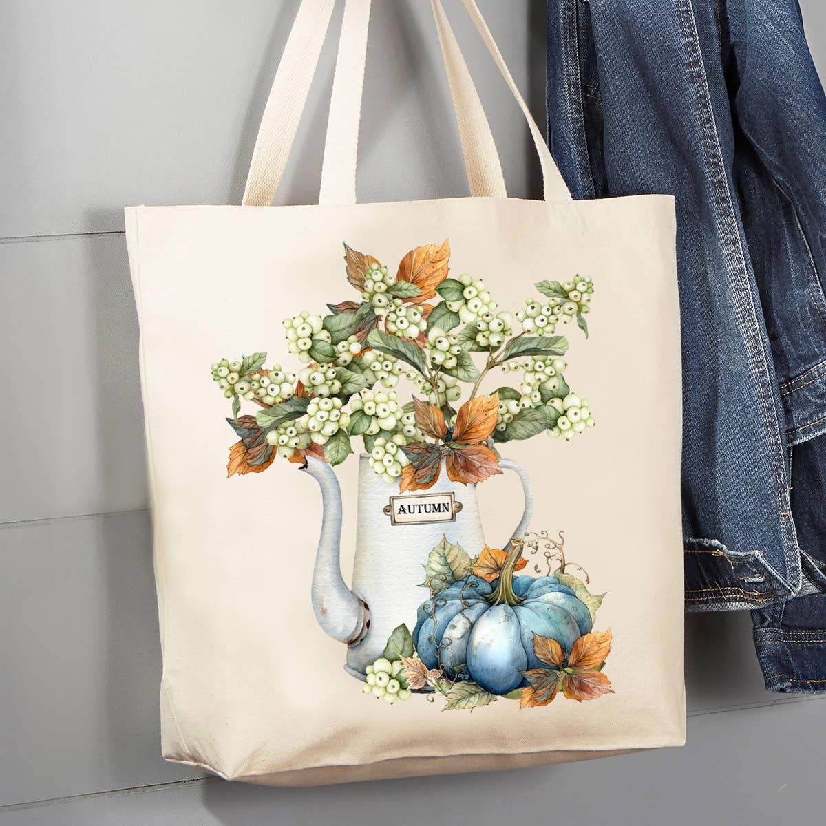 Fall Autumn Blue Pumpkin Watering Can 12 oz Canvas Tote Bag