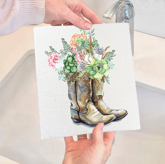 Set of 2 -  Western Cowboy Boots Succulents Southwest SWEDISH DISH CLOTH
