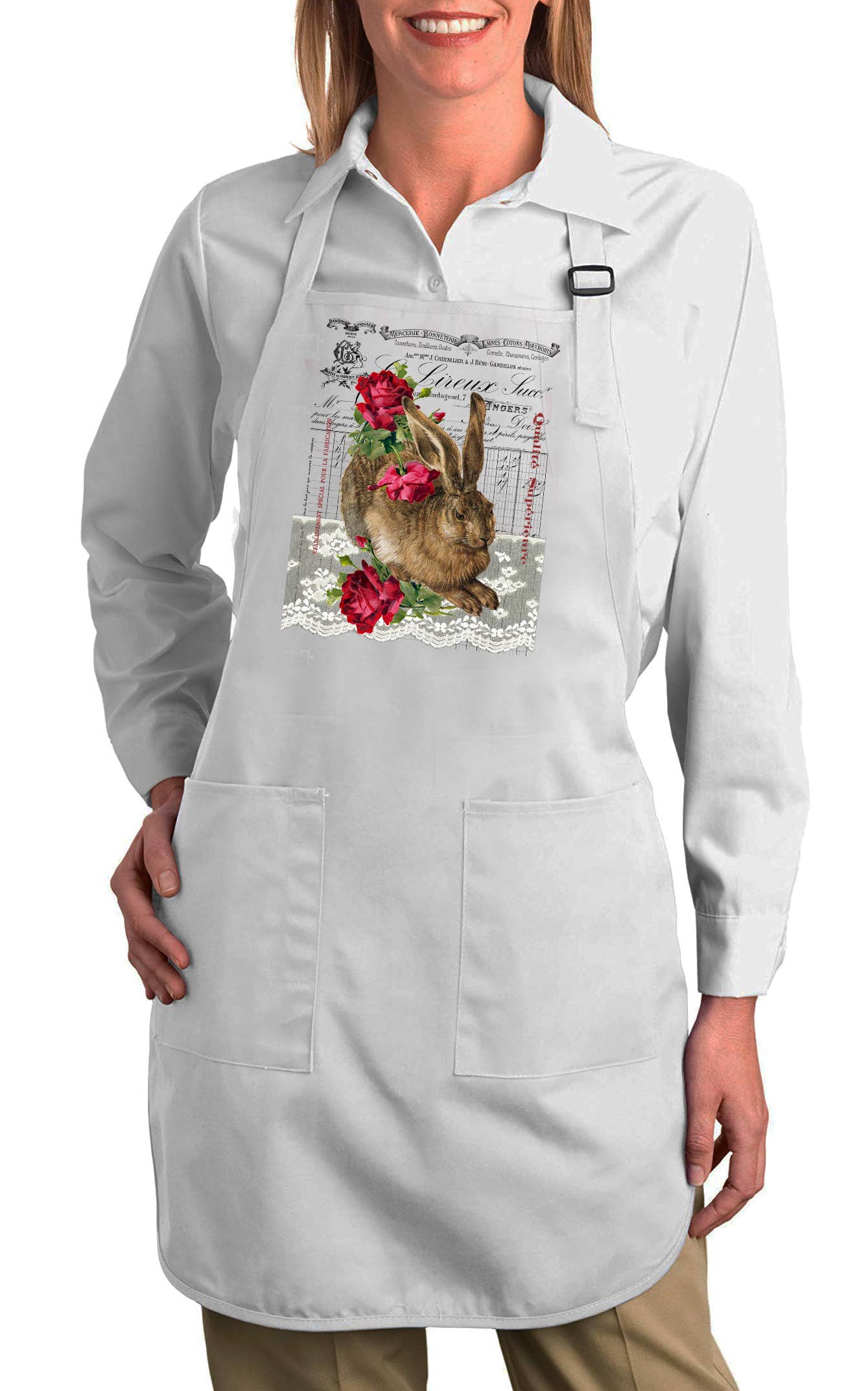 Vintage French Bunny Roses Spring Cotton Apron