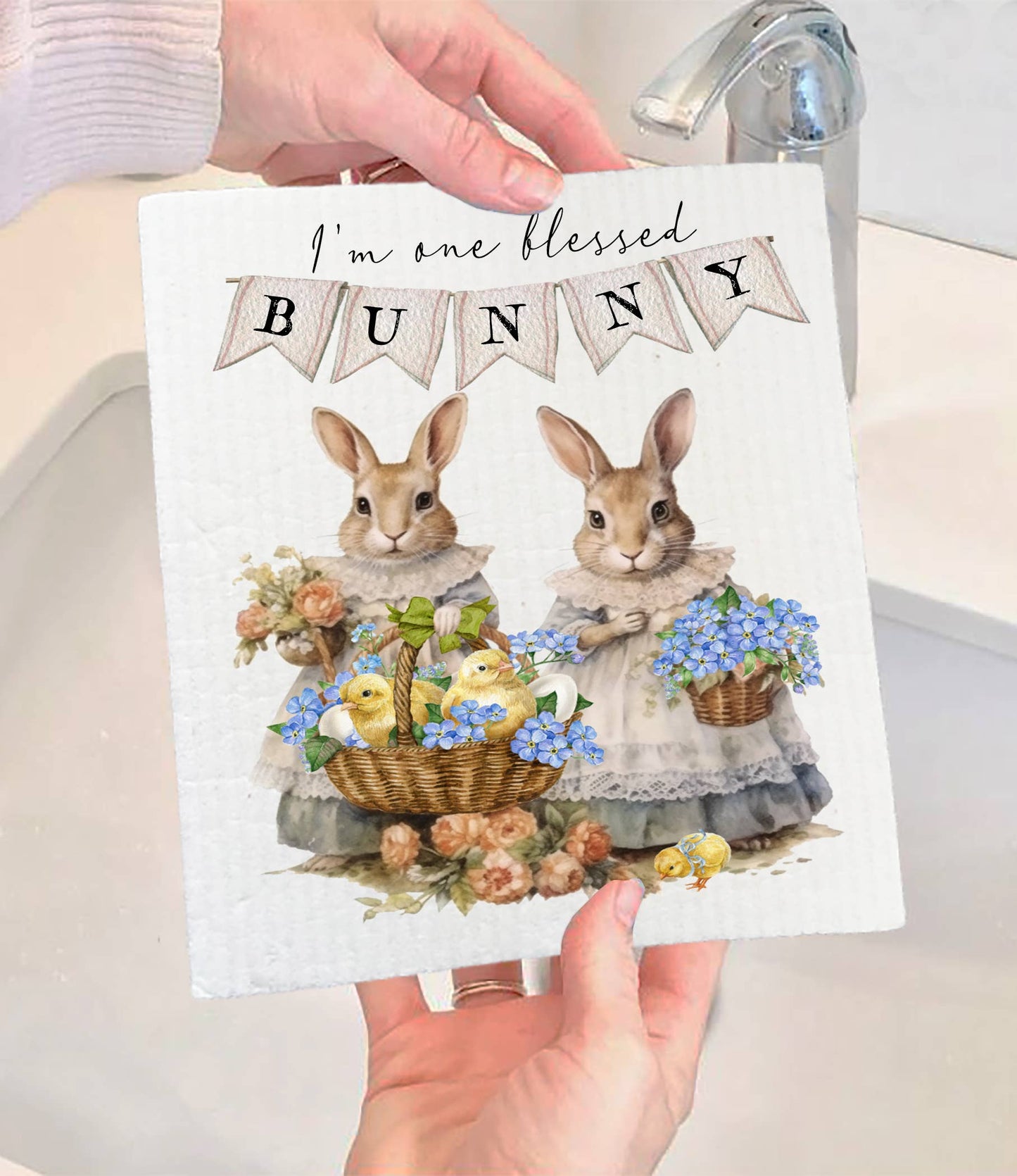 Set of 2 - Easter Victorian One Bless Bunny SWEDISH DISH CLOTH