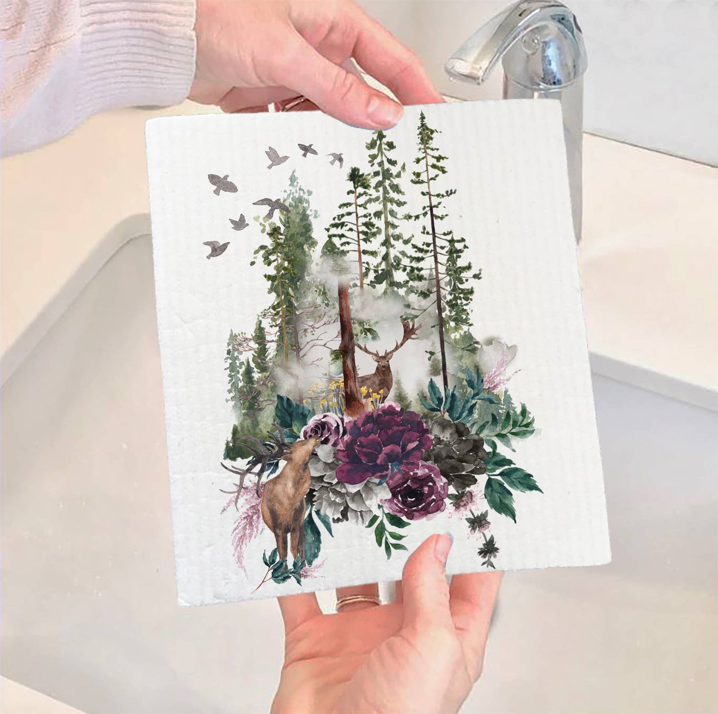 Set of 2 - Deer Forest Mountains Wildlife Swedish Dish Cloth