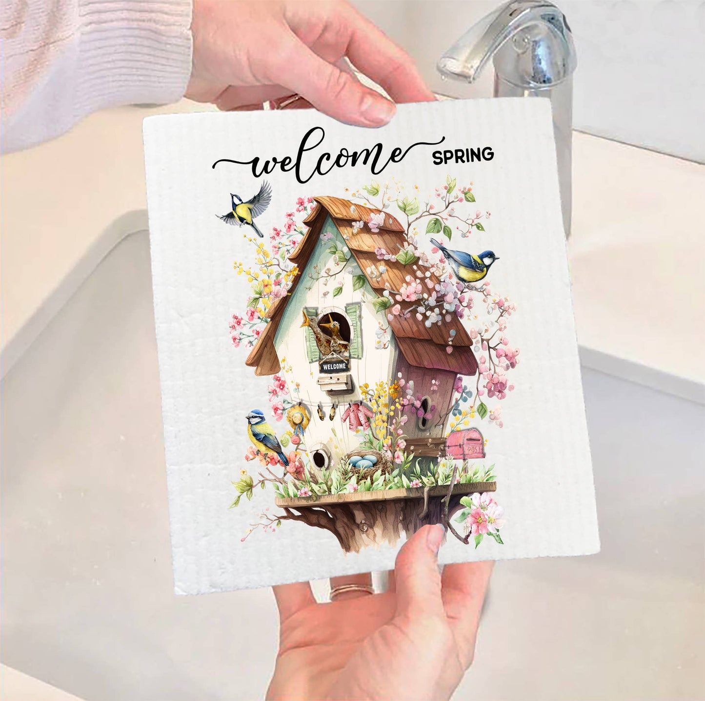 Set of 2 - Welcome Spring Bird House Flowers Swedish Dish Cloth
