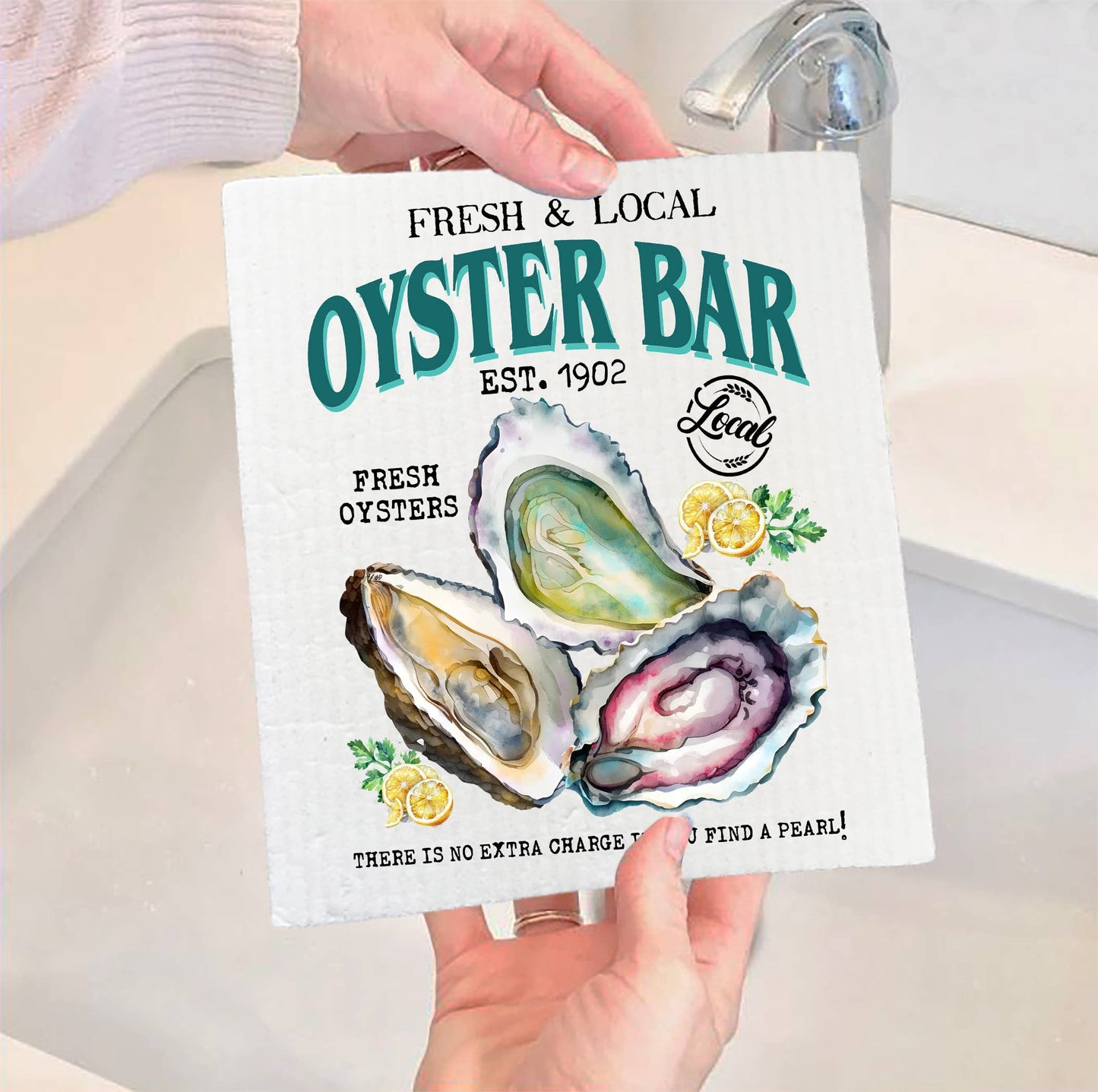 Set of 2 - Oysters Bar Fresh & Local Coastal Beach SWEDISH DISH CLOTH
